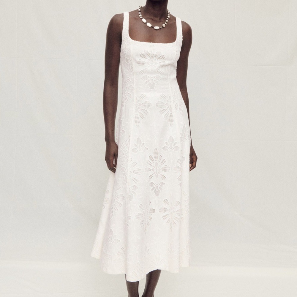 Mango SELECTION White Eyelet Square-Neck Midi Dress